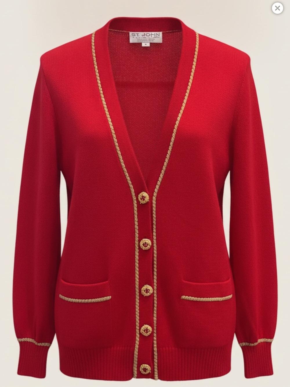 St. John Red Cardigan with Gold Braid Trim